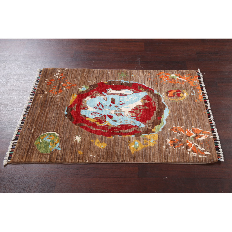 Tapis brun en laine noué à la main de conception unique 2 pi 8 po x 3 pi 10 po