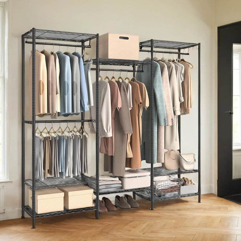 Portant pour vêtements, support à vêtements robuste avec tablettes de rangement réglables et rails suspendus, crochets, diviseur, support de garde-robe portatif autoportant