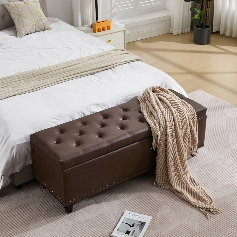 Espana 51'' Upholstered Tufted Storage Ottoman, Dark Brown Faux Leather