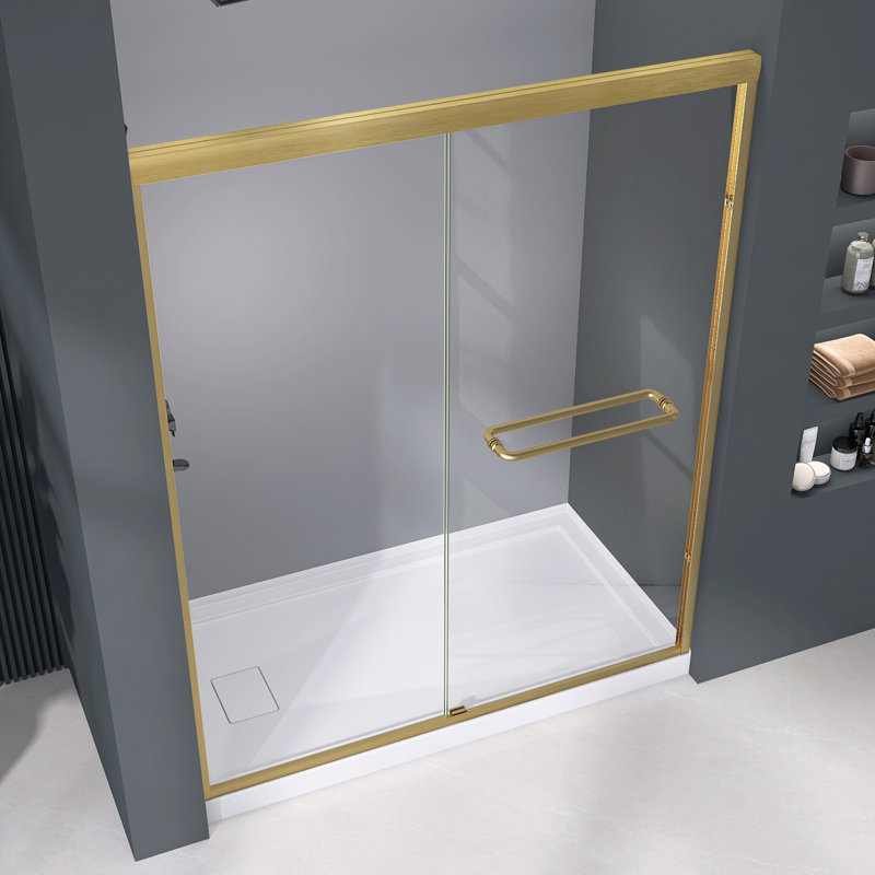 56" - 60" W X 72" H Double Sliding Semi-Frameless Shower Door With 1/4" Clear Tempered Glass, Brushed Gold