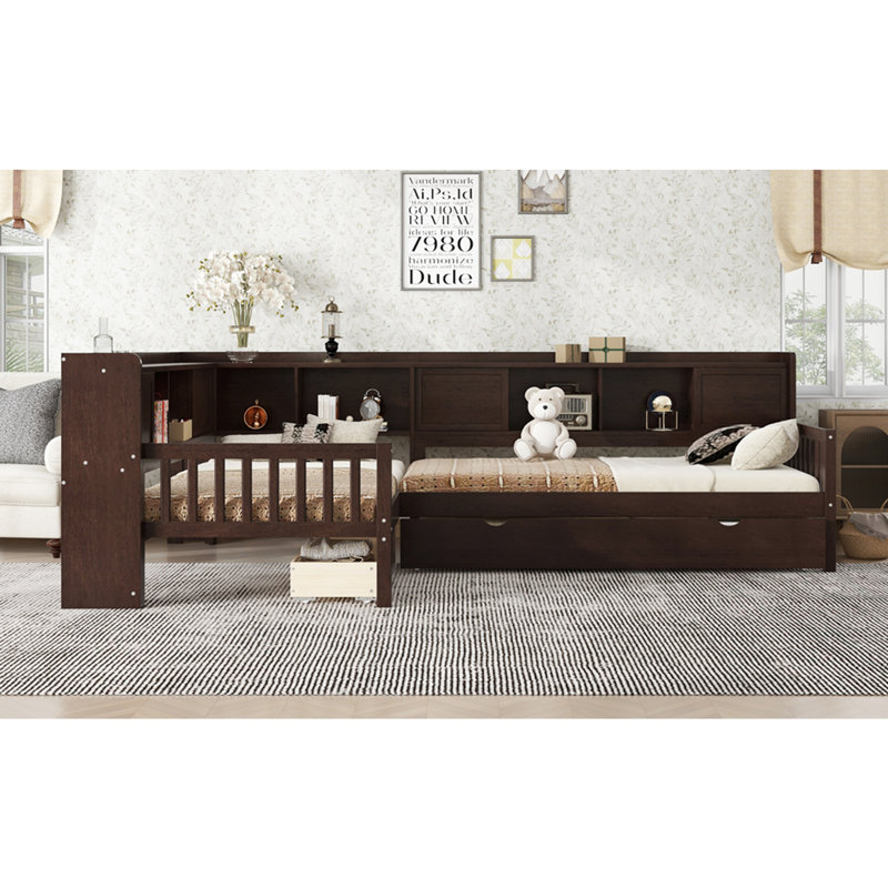 Lit plateforme en L en bois massif avec lit gigogne, Espresso