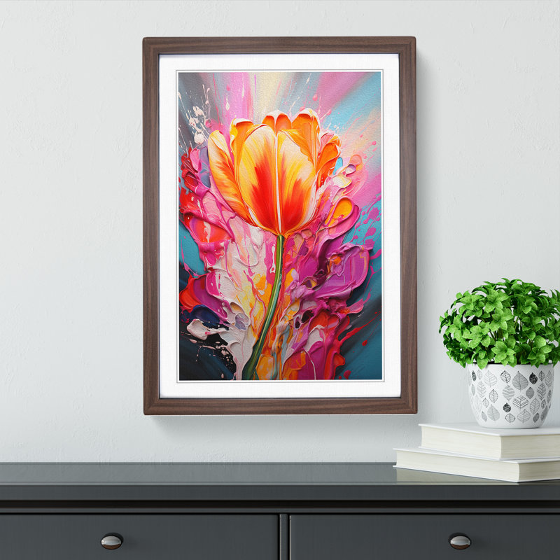 Tulip Flower Action Painting - Single Picture Frame Print on Wood, Walnut Framed, 46cm H x 34cm W