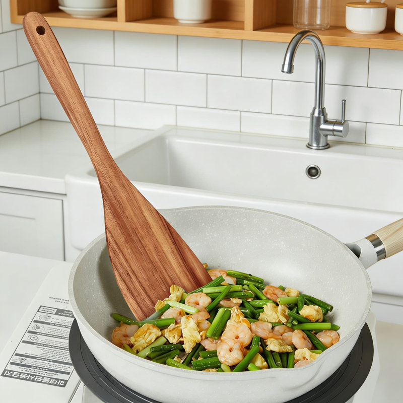 Ensemble de 6 spatules en bois de teck pour la cuisine - Ustensiles en bois non toxiques avec tourneur à fentes, grattoir, cuillère et palette pour la cuisine