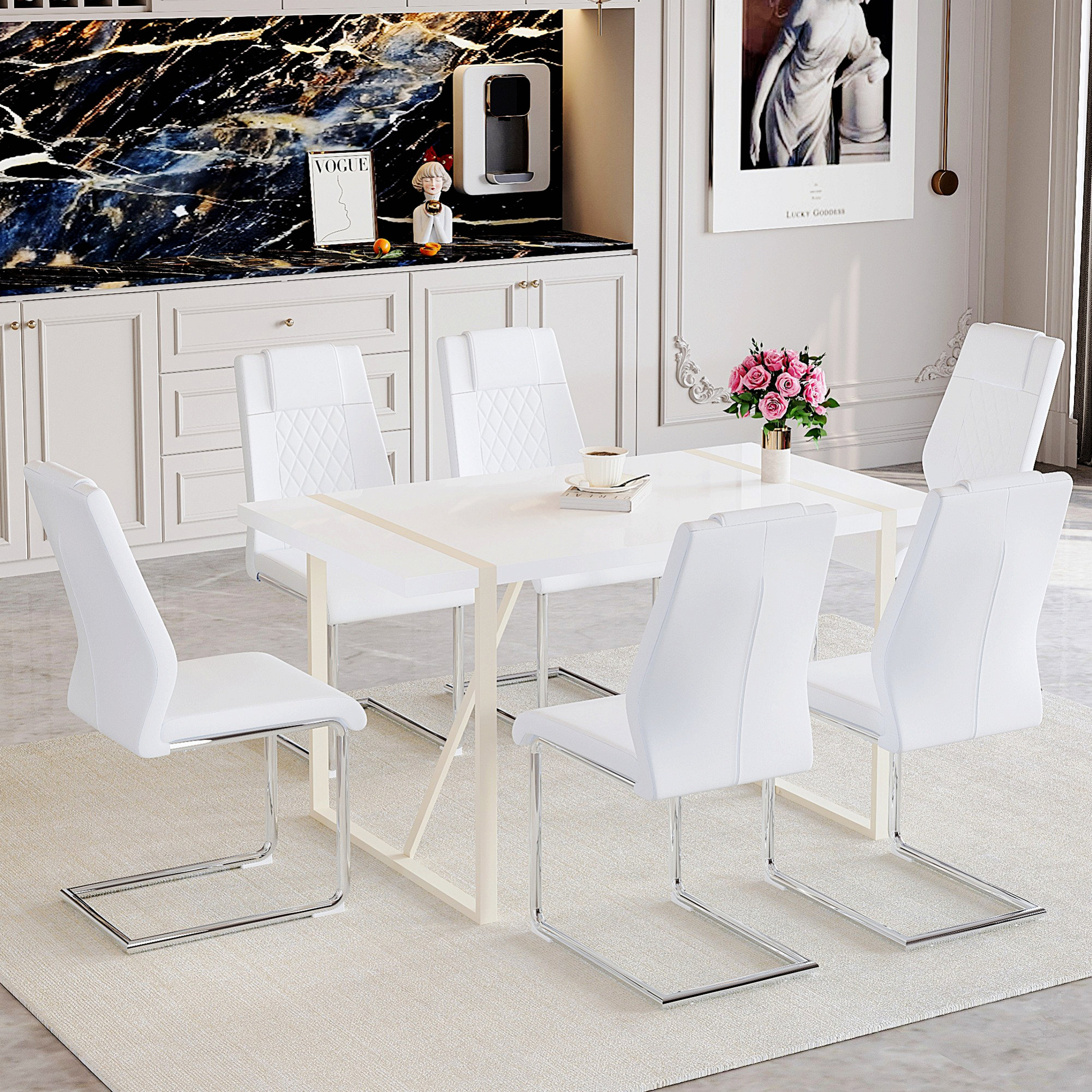 New York Ceramic Top Table & Bronte Chairs Dining Setting - 9 Piece - White