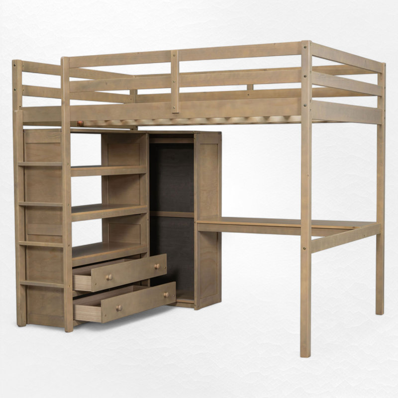 Lit mezzanine avec bureau encastré et rangement, Noyer