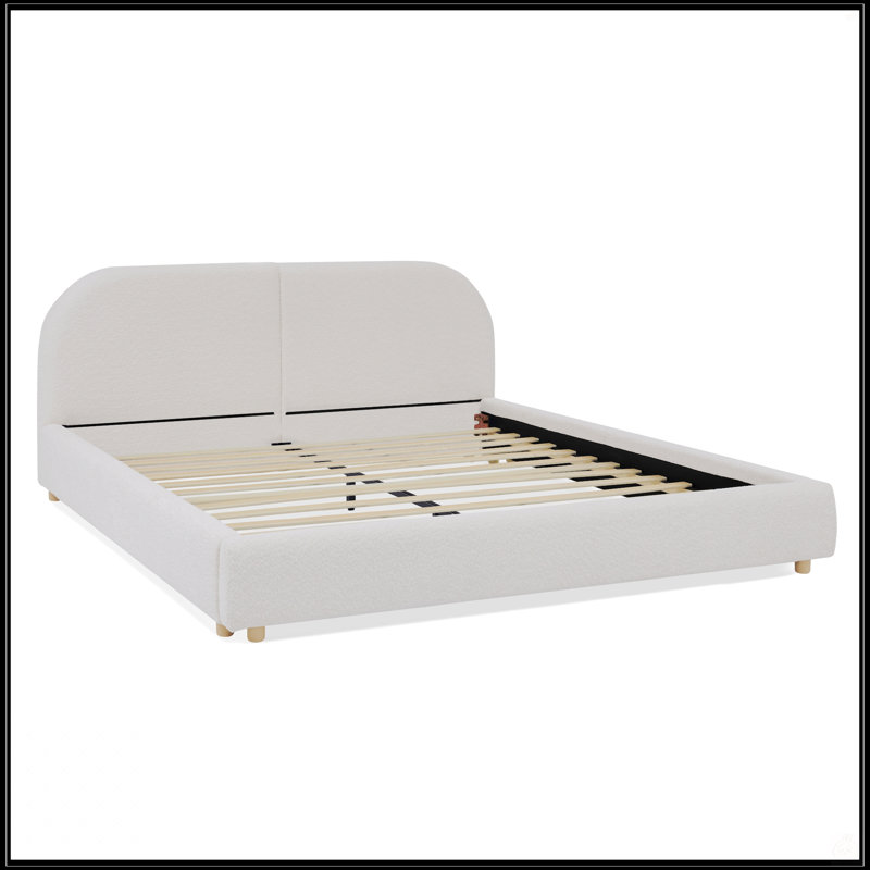 Structure de lit tapissier pour grand lit, style minimaliste moderne avec tête de lit haute incurvée, tissu en fil de cercle de qualité supérieure et support robuste pour les jambes, matelas non inclus - beige