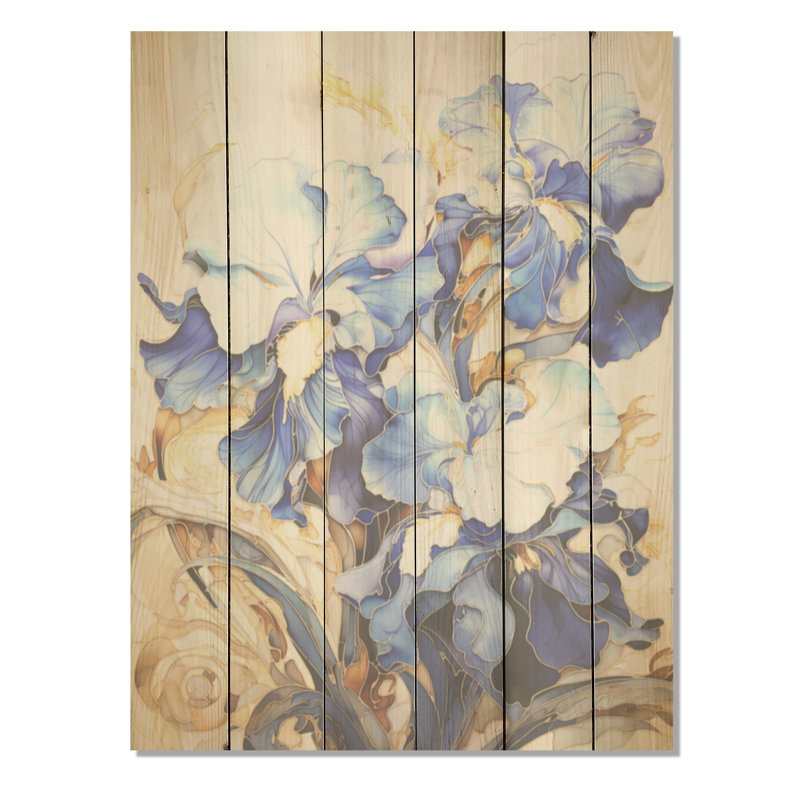 Golden Blue Irises Melody - Iris Wood, art mural sur bois de pin naturel, H 20 po x l 10 po