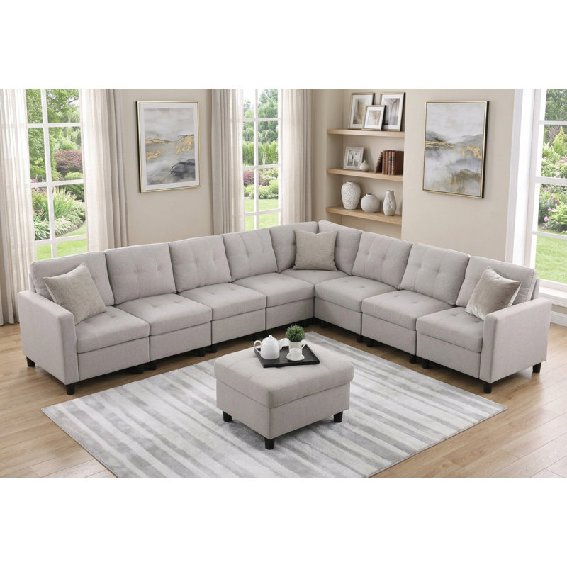 Canapé modulaire rembourré avec repose-pieds 9 pièces Kentrell, Lin gris pâle