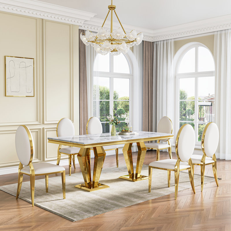 Modern Faux Marble Top Metal Base Dining Table Set, Gold/White, 7 Pieces: Table, 6 Chairs, White/Gold