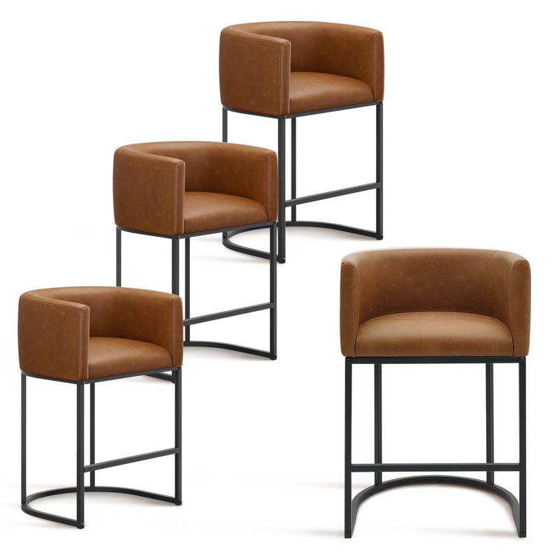 Pu Leather Counter Stool Barrel Counter Height Stools Set of 4, Walnut