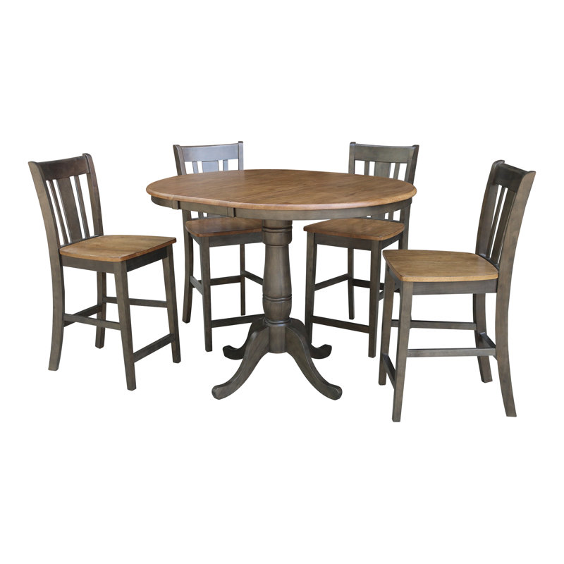Anduena Extendable Solid Wood Top Pedestal Dining Set, Hickory/Stone, 3