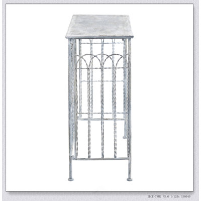 Console 40 po x 14 po x 31 po en fer forgé rustique, finition argent patinée, table d'appoint