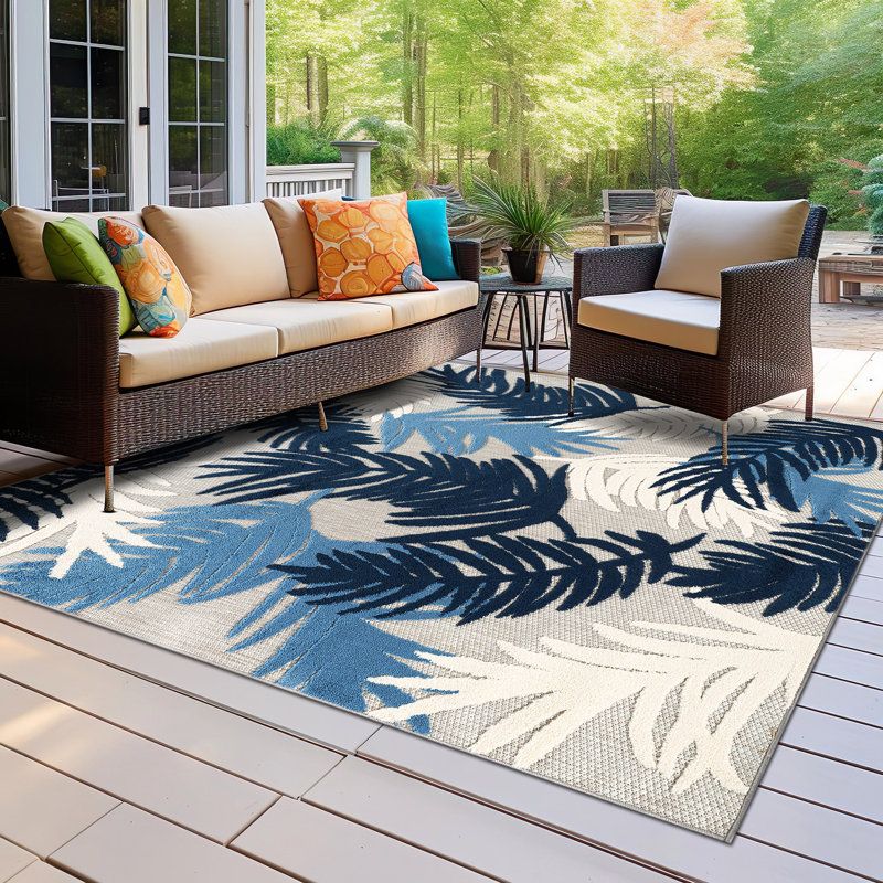 Hernandez Floral Navy/Ivory/Blue Indoor & Outdoor Area Rug, Square 6'7"