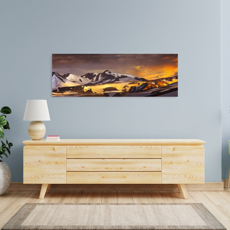 «Majestic Golden Peaks Dramatic Serene Abstract Landscape Mountain», art mural, H 16 po x l 48 po