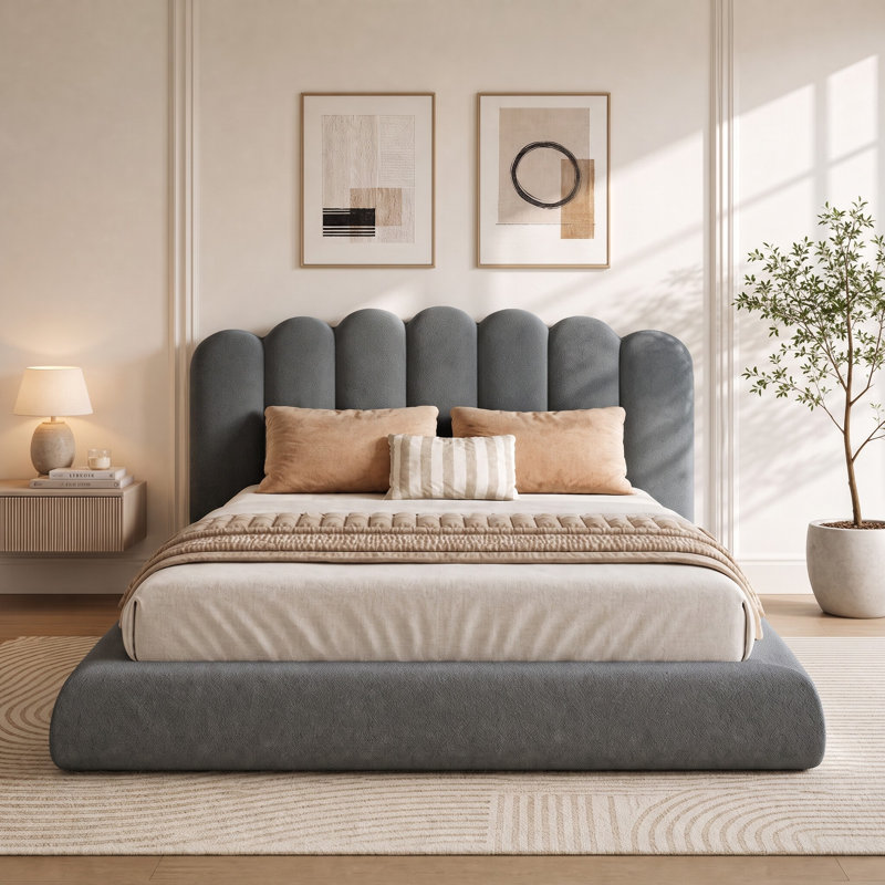 Velvet Upholstered Platform Bed With Scalloped Wavy Headboard, No Box Spring Required, Dark Gray, King