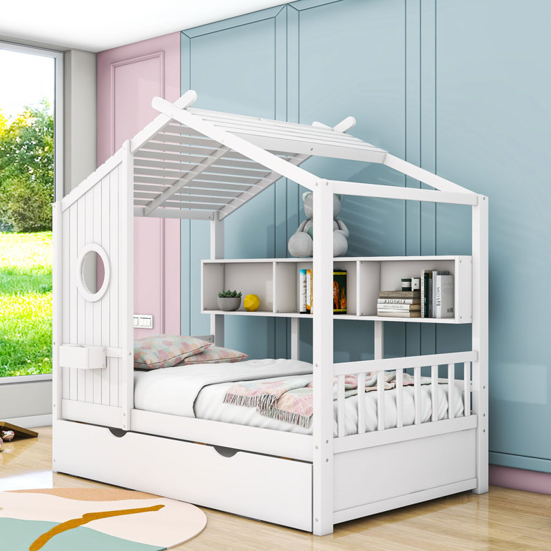 Lit plateforme en bois avec couchette et tablettes Abem, Lit simple, Blanc