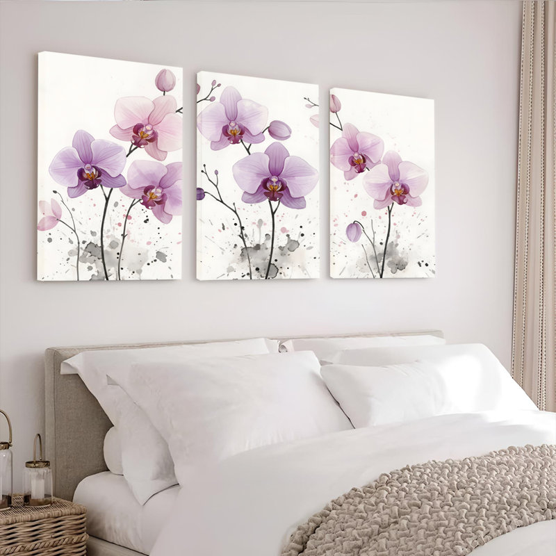 «Mauve Orchidée florale», reproduction d'art sur toile tendue sur toile (ensemble de 3), H 30 po x l 60 po