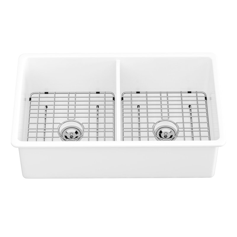 32" Double Bowl Ceramic Sink - White Rectangular Basin For Efficient Kitchen Processes Cleaning