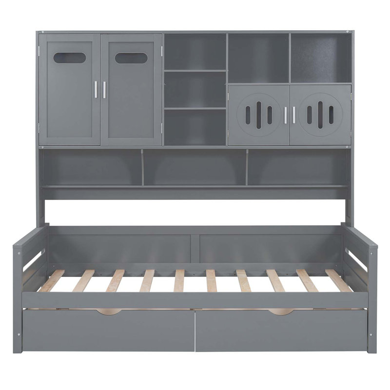 Lit de jour en bois avec tiroirs, armoire et tablette tout-en-un, Lit simple, Gris