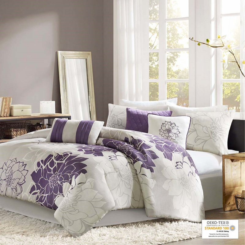 Ensemble d'édredon en satin de coton imprimé, Mauve, Édredon de grande taille et 6 pièces supplément