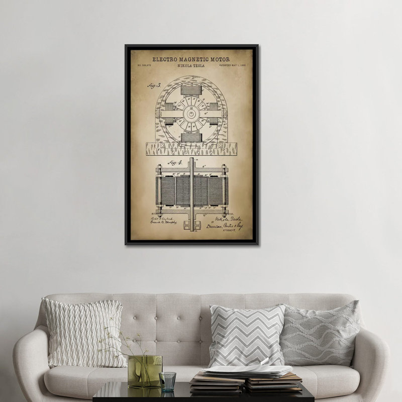 « tesla electro magnétique motor beige », impression sur toile, H 26 po x l 18 po x P 1,5 po, Toile encadrée noire