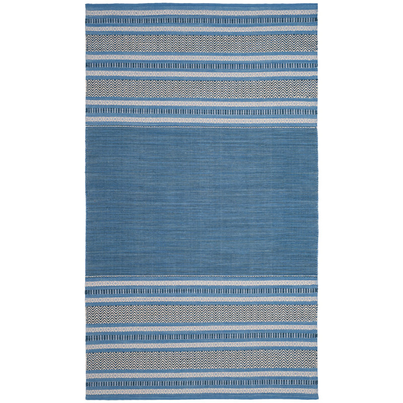Tapis bleu / gris en coton tissé à plat à rayures Bokara Hills, Tapis de couloir beige