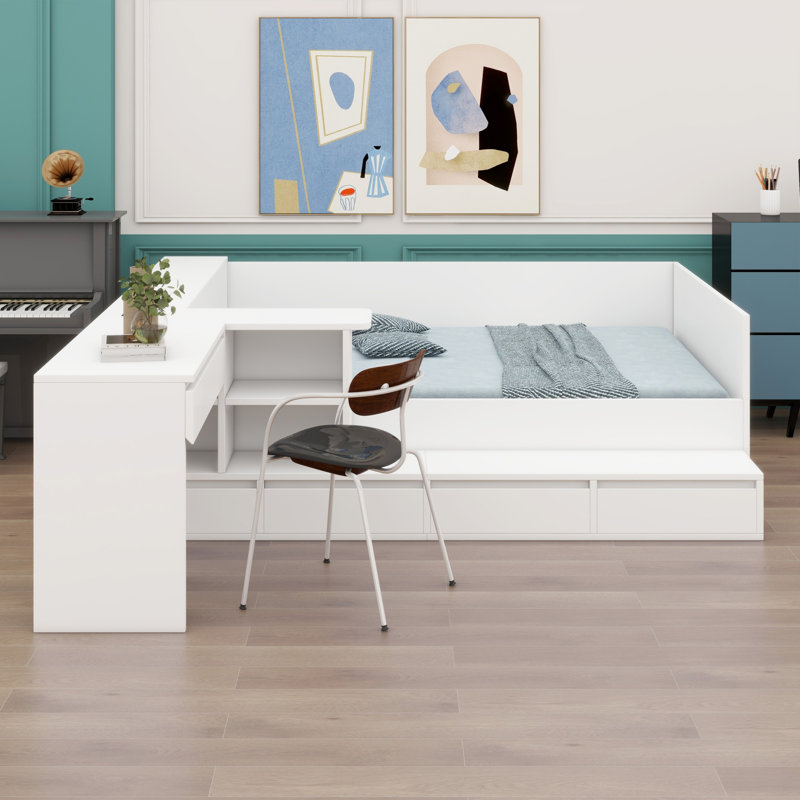 Lit plateforme en bois avec tiroirs, tablettes et coiffeuse, Blanc