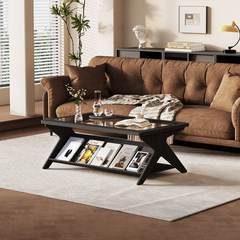 Rectangle Coffee Table With Glass Top & Storage Shelf, Black