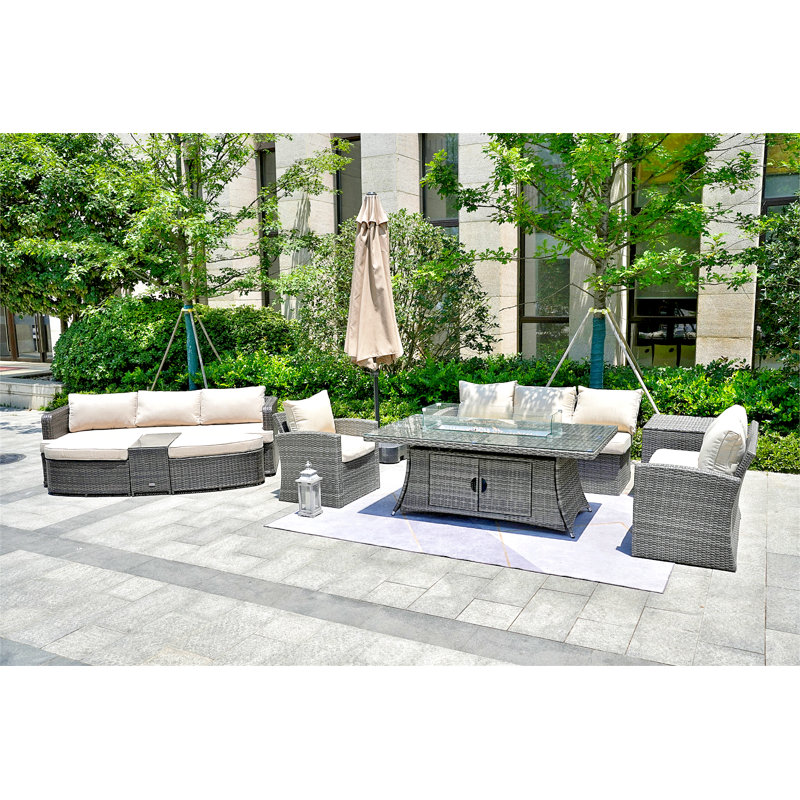 Aesa 7 - Person Wicker Patio Dining Set with Rectangular Table , Cushions Included