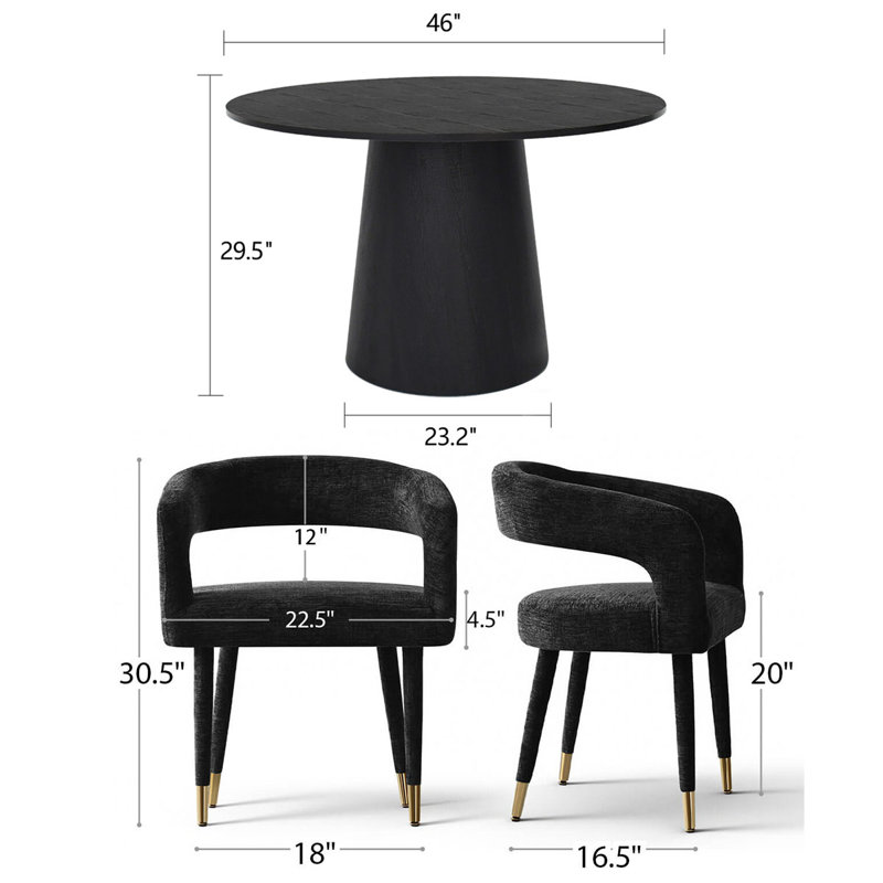 5-Piece Modern Dining Set with Round Pedestal Table and Upholstered Open-Back Chairs, Black