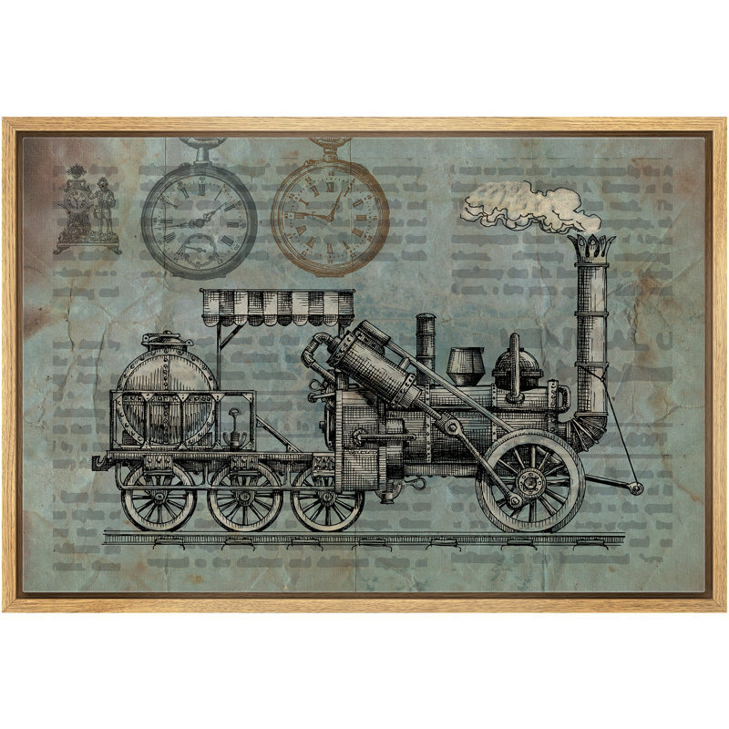 Signature signée, impression sur toile encadrée, locomotive vintage délavée avec impression de journal, transport, art numérique, art moderne, chic, brun chaud pour le salon