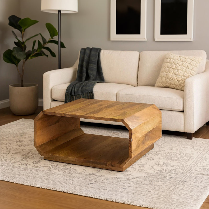 Dollicia 30 Inch Natural Brown Mango Wood, Hollow Cube Shape Coffee Table
