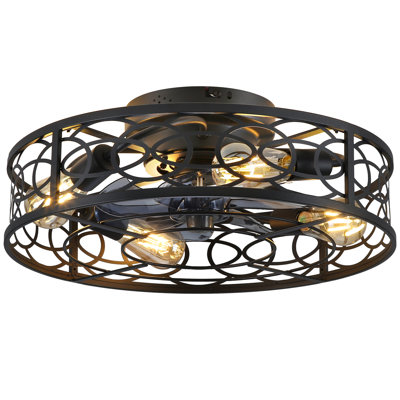19.60'' Farmhouse Caged Ceiling Fan with Light Kit and Remote Control,Embedded Modern Industrial Ceiling Fan,Flush Mount Low Profile Fandelier for Bedroom,Dining Living Room(4 Bulbs Included)