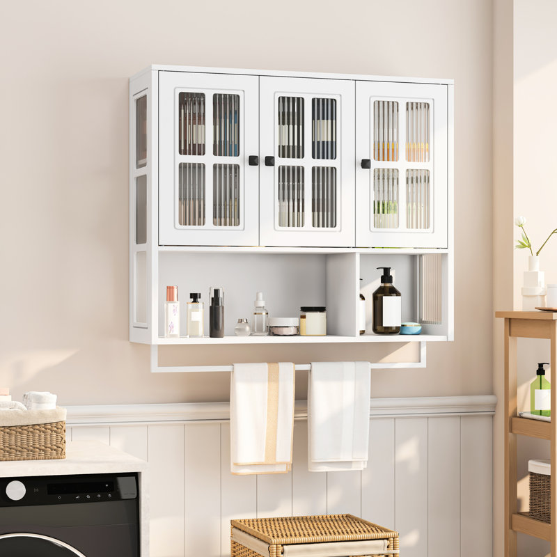 Armoire murale à 3 portes, porte en verre blanc, porte-serviettes, style moderne, verre trempé et esthétique, tablettes amovibles
