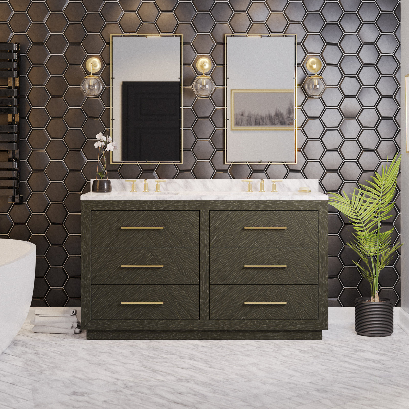 Rumalda 60'' Double Bathroom Vanity, Dark Oak
