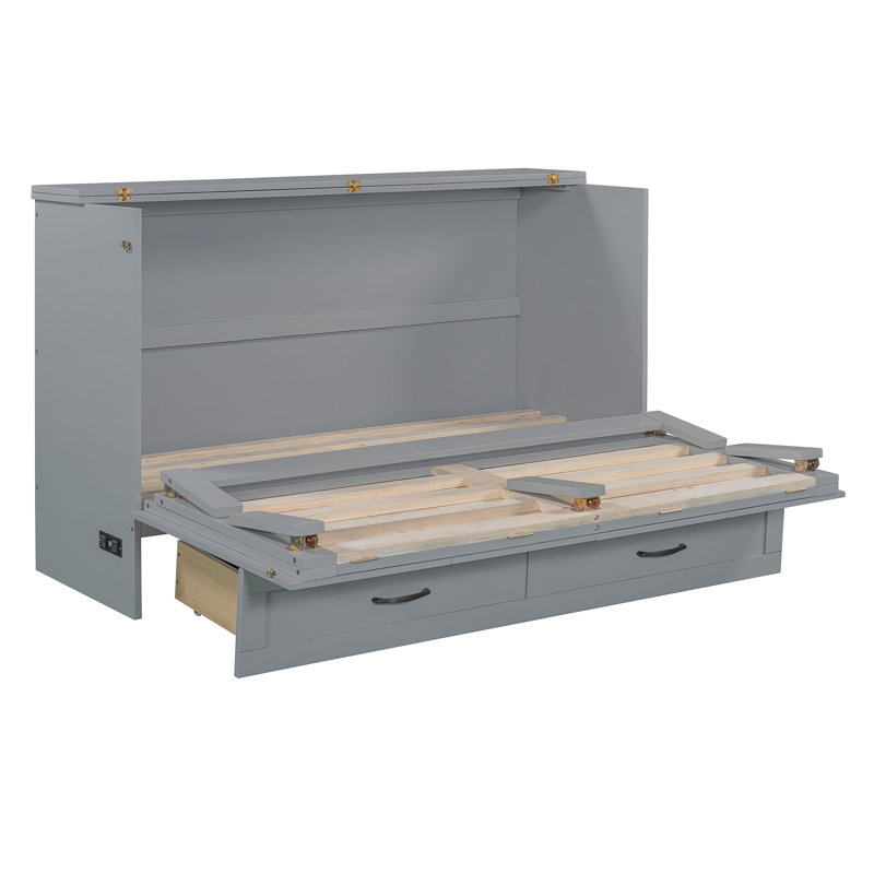 Lit escamotable peu encombrant avec grand rangement, bois gris moderne