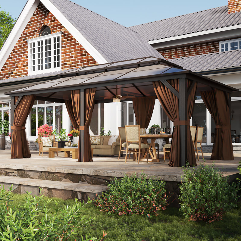 Double Roof Gazebo, 112.2" H x 235.43" W x 142.91" D, Brown