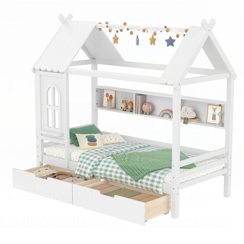 Charmant lit maison avec tiroirs et tablettes de rangement, idéal pour l'imagination et l'organisation, Blanc clair, Twin
