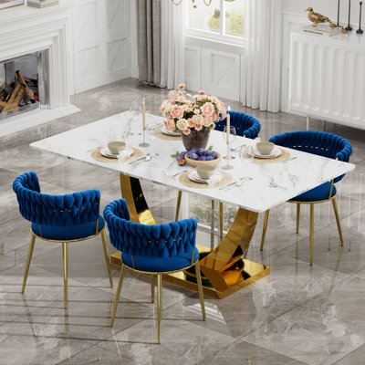 Rectangular Pedestal Dining Set with Modern Weaven Velvet Dininig Chair