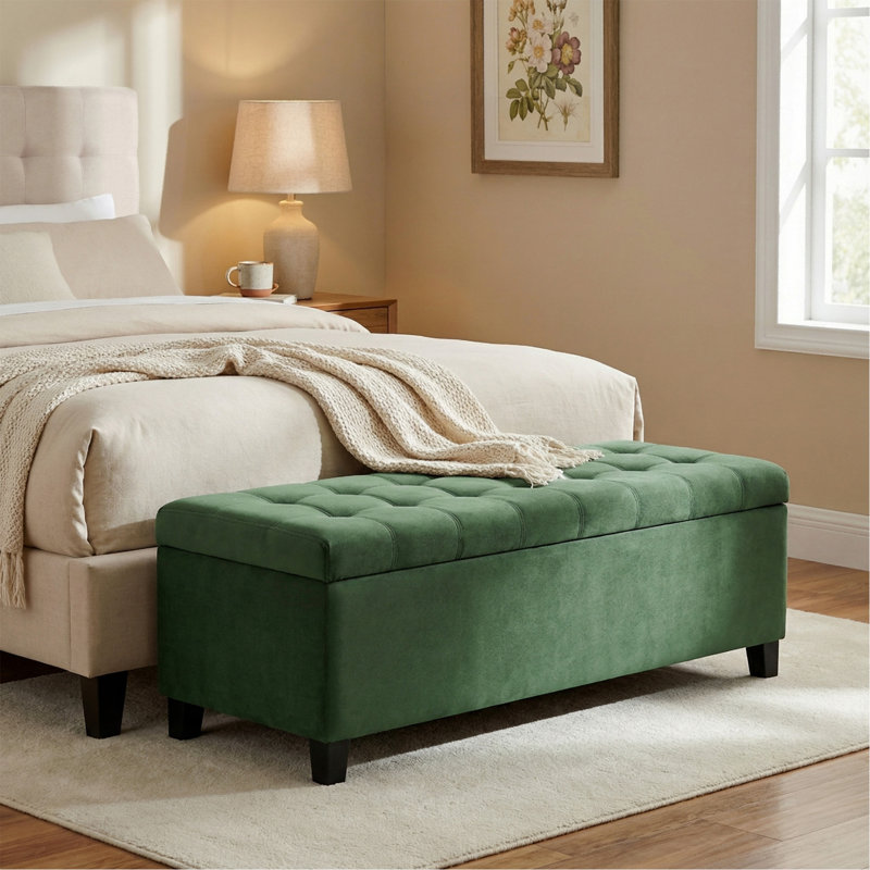 Banc rembourré avec rangement, repose-pieds, banc d'entrée, repose-pieds pour la chambre à coucher, vert rétro, 300 lb, Tissu