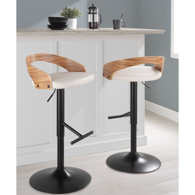 White Adjustable Swivel Bar Stool with Zebra Wood Back