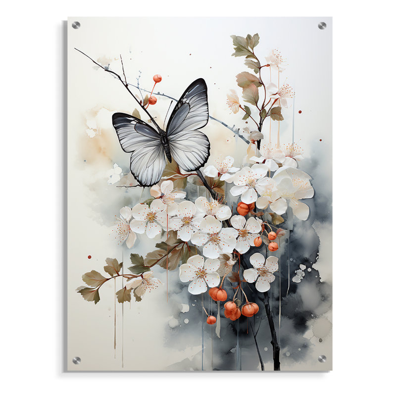 Art asiatique, papillon blanc et gris - Art asiatique, décoration murale acrylique, H 32 po x l 24 po