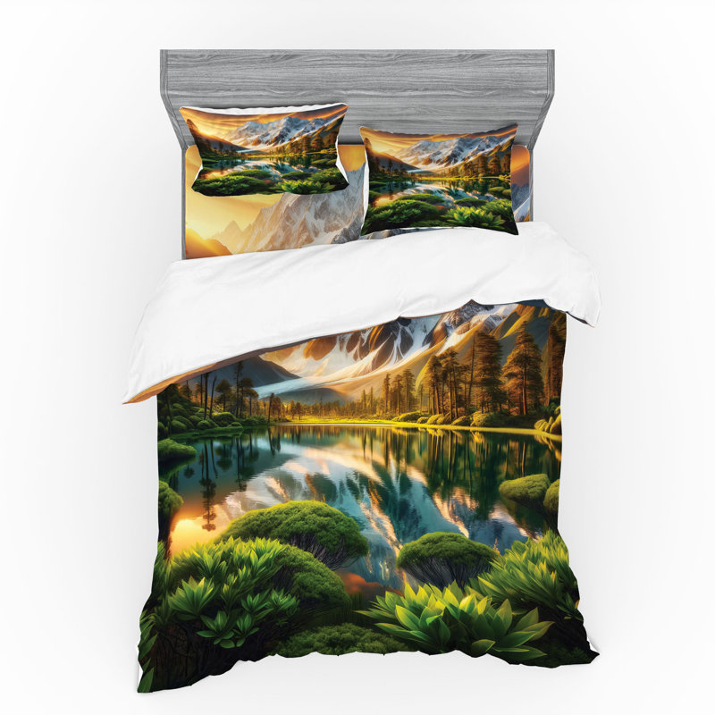 Ensemble de literie Ambesonne Lake & pêche vert et fauve, Housse de couette grand + 3 pièces supplémentair