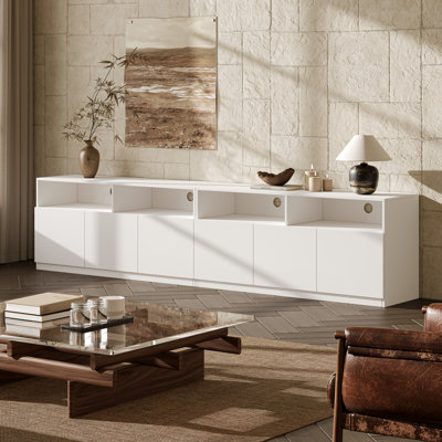 94.5" White TV Stand For 75/85/100" TV With Hidden Storage, 25.6"H Modern Wooden Entertainment Center Media Console Table With Handleless Cabinet Door Design And Cable Management For Living Room