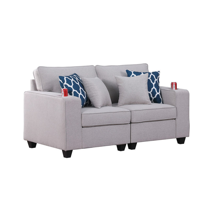 Causeuse en lin 67,5 po gris clair avec porte-gobelet