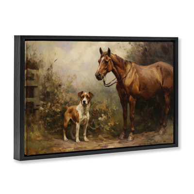Cheval et chien dans la nature, toile flottante encadrée par Petal Prints Design