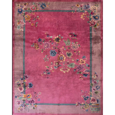 Chinese Art Deco Room Size Rectangle Antique 1920s Wool Knotted Coral Rug