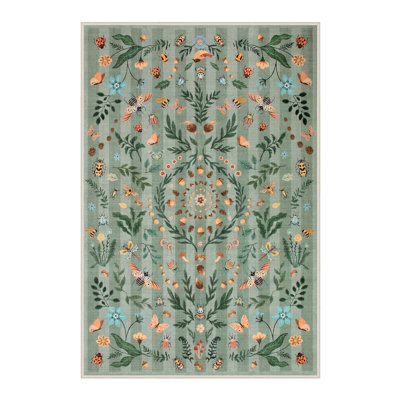 Insect and Plant Vertical Striped Textured Washable Area Rug - Nature-Inspired Carpet for Living Room, Bedroom, or Office