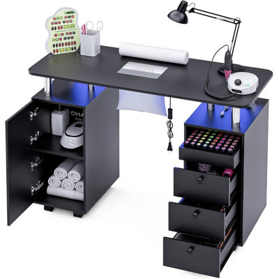 Bureau à clou pour Nail Tech avec collecteur de poussière électrique, table de manucure roulante avec roues verrouillables, tiroirs de rangement, coussin de poignet, résistant à l'acétone, pour poste de travail de salon de beauté