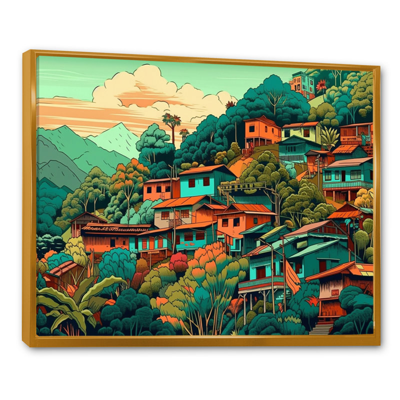 «Small Town Village IV», reproduction sur toile, H 12 po x l 20 po x P 1 po, Cadre flottant doré